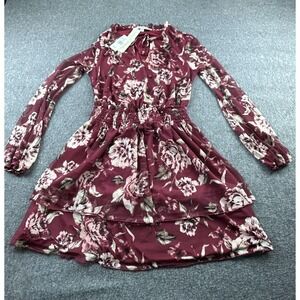 Allison & Kelly Dress Women XS Red Floral Mesh Long Sleeve Smocked Waist Tiered